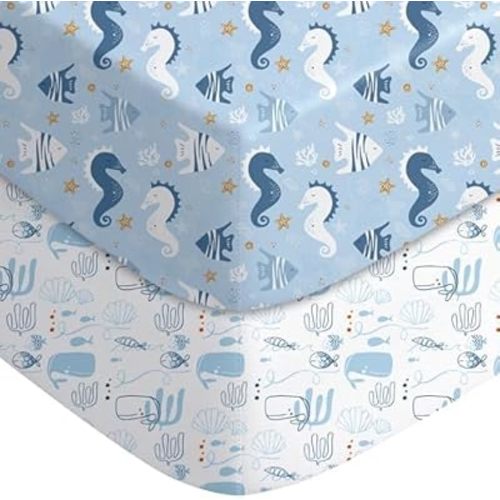 Yoofoss Pack and Play Sheets Fitted, Mini Crib Sheets 2-Pack for Pack N Play Mattress, Stretchy Playard Sheet, Soft and Breathable Submarine World