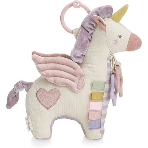 Itzy Ritzy Bitzy Bespoke Link & Love Activity Toy for Stroller - Baby Car Seat Toy for Infants & Up, Features Crinkle Sounds, Clinking Rings, Grosgrain Ribbons & Textured Materials (Pegasus)