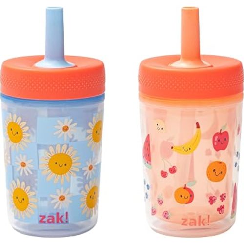 Zak Designs Capri Toddler Tumblers For Travel or At Home, 9oz 2-Pack Double Wall Plastic Sippy Cups With Leak-Proof Design is Perfect For Kids and BPA Free (Daisies, Happy Fruit)