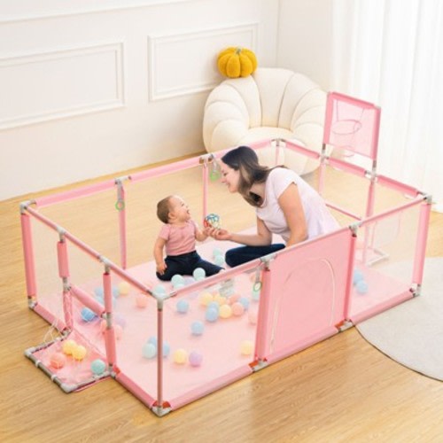 GOTGELIF 71"x48" 4-Panel Baby Playpen Portable Playard with Basketball Hoop Pink