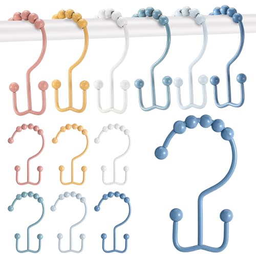 Wenqik 12 Pcs Colorful Shower Curtain Hooks Bohemian Rainbow Color 304 Stainless Steel Rings Rust Proof Balanced Double Glide Shower Hooks for Curtain Bathroom(Bohemian Color)