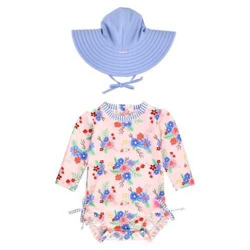 Kids' One-Piece Rashguard Swimsuit & Hat Set, 3-6M
