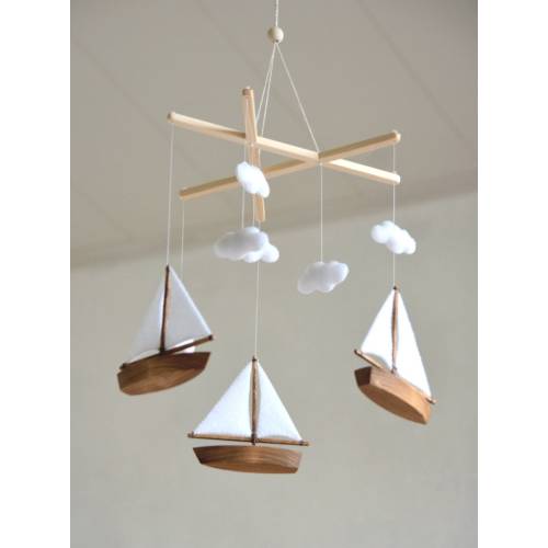 Handmade Sailboat Baby Mobile: Felt Clouds, Wooden Boats