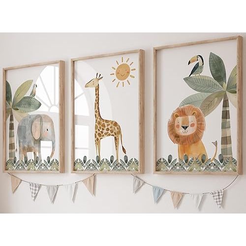 Eviepops Prints Cute Safari Animals Set of 3 Unframed Prints for Baby Girl or Boy Nursery Bedroom Playroom, Nursery Décor, Watercolour Jungle Wall Art, Giraffe Elephant Lion Parrot Toucan (11x14)