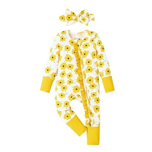 PATPAT Baby Footie Girls - Supersoft Bamboo Viscose - Unisex Infant Clothes - 2 Way Zipper & Mitten & Ruffle Trim & Headband