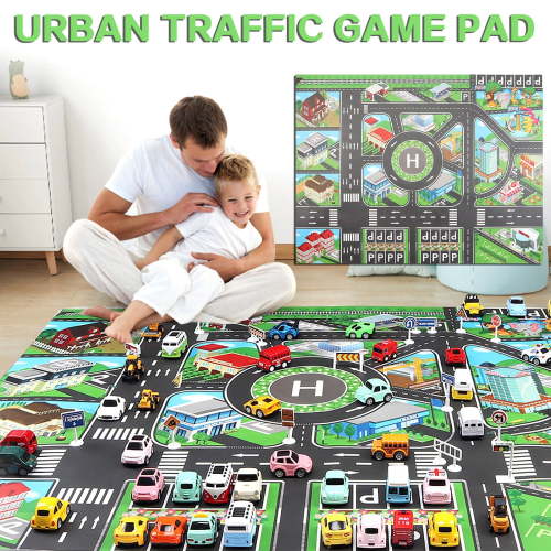 Kids Carpet Playmat Car Rug, Car Rug for Kids Toy Cars and Train, Non Slip Play Mat for Playroom Kids Room, City Life Educational Road Traffic Carpet for Classroom Nursery(Parking,39×51in)