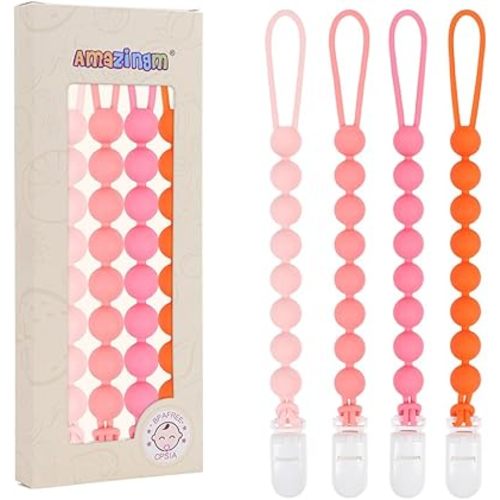 One Piece Design Silicone Pacifier Clip Holder for Baby Boys and Girls,Flexible Pacifier Leashes,Soft Teether Clip for Newborns,4-Pack. (Pink)