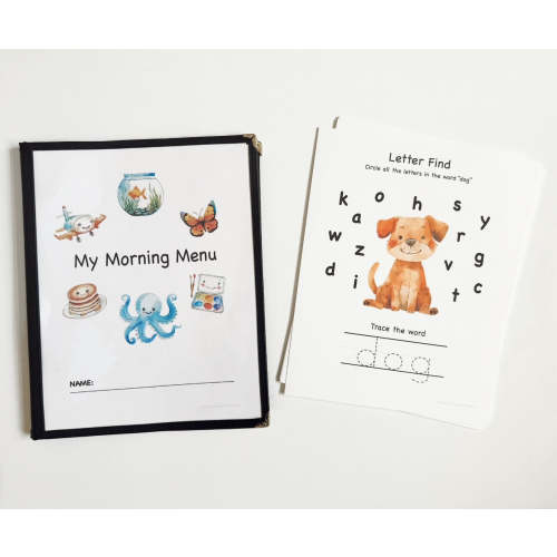 Personalized Morning Menu for Toddlers including a menu cover and 22 educational pages printed on cardstock