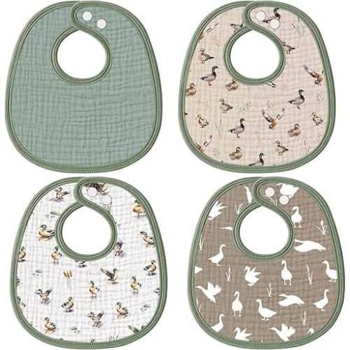 4 Piece Mallard Ducks Drooling Bibs for Baby Boys Girls, Soft Triple Layer Cotton Muslin, Adjustable Newborn Bibs for Drooling and Teething Relief, New Parent Gift Set