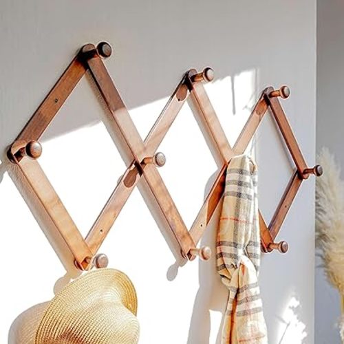 Dseap Expandable Coat Rack (Larger Version) - 24” High, Anti-Slip, Ultra Heavy Duty Wooden Accordian Wall Hanger with 10 Study Peg Hooks for Clothing Hats Jackets Bags, Brown