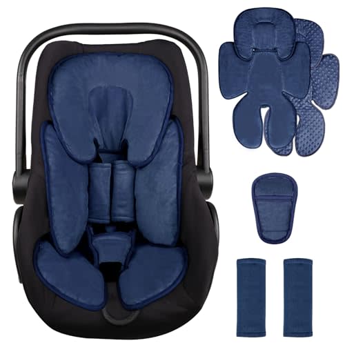 2 in 1 Infant Car Seat Insert Head and Body Support Set, Reversible Newborn Insert for Carseat with 3 Extra Strap Pads, Soft Stroller Cushion Pillow Insert Boys Girls, Fits for Stroller, Swing, Blue