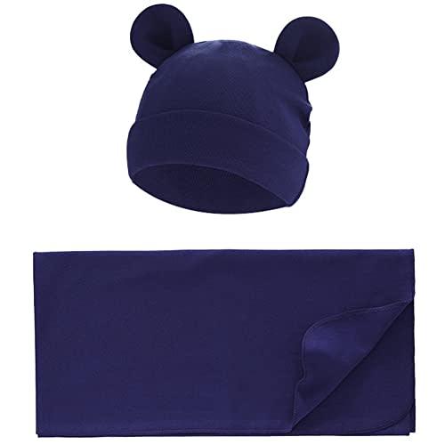 Exemaba Unisex Baby Swaddle Blanket with Hat Set Newborn Swaddle Receiving Blankets Sleep Sack for 0-3 Months Boys Girls(Navy)