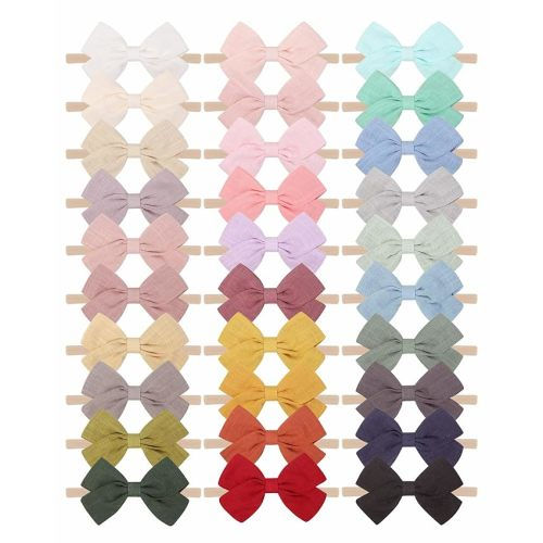 jollybows 30pcs Baby Girls Nylon Hair Bows Headbands Linen Bands Elastic Accessories for Kids Infants Newborn (3-30 PCS Solid Linen) - 2- 30PCS baby headbands