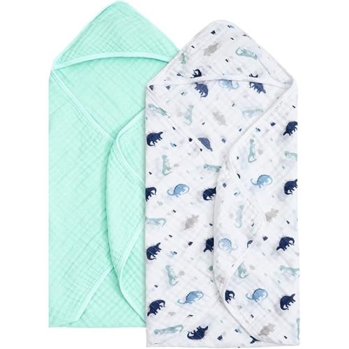 david's kids 2 Pack Hooded Baby Towels, 100% Muslin Cotton 6-Layer Ultra Soft Breathable Absorbent Baby Bath Towels for Infant Toddler and Kids, Newborn Essentials, Large 32x32Inch, Dinosaur