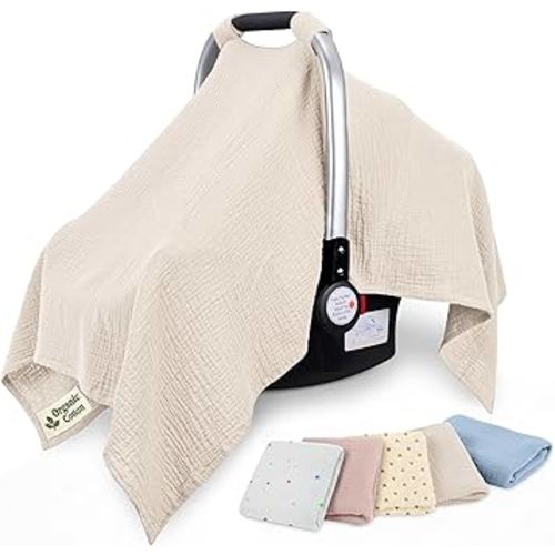 Organic Cotton Baby Car Seat Cover 35 x 50 Inches Soft Touch with Breathable Canopy, Protective Car Seat Cover Baby for All Seasons, Lightweight Car Seat Cover for Infant Travel Comfort