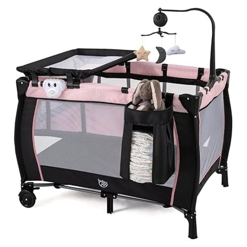 BABY JOY 3 in 1 Pack and Play, Portable Baby Playard with Bassinet, Changing Table, Lockable Wheels, Glowing Music Box, Travel Baby Crib Bassinet Bed from Newborn to Toddler
