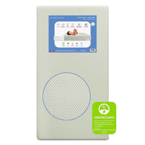 Delta Children Twinkle Stars Breathable Baby Bed Crib Mattress and Toddler Mattress with Removable/Machine Washable Cover - GREENGUARD Gold – Waterproof - Sustainably Sourced Core Fiber Core, Green