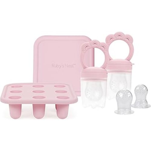 Baby Teether & Pacifier Bundle for Teething Relief, Complete Solution for Feeding & Teething Popsicle Mold Included, Baby Feeding Essentials with No BPA, 2-Pack, Dusty Rose - Ruby’s Nest
