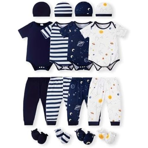 NZRVAWS Newborn Baby Boy Girl Clothes Unisex Infant Romper Pants Set Hat 4-Pack Outfits 0-12 Months 16 Pieces Toddler