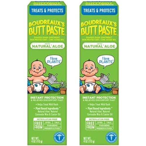 Boudreaux's Butt Paste with Natural* Aloe Diaper Rash Cream, Ointment for Baby, 4 oz Tube, 2 Pack