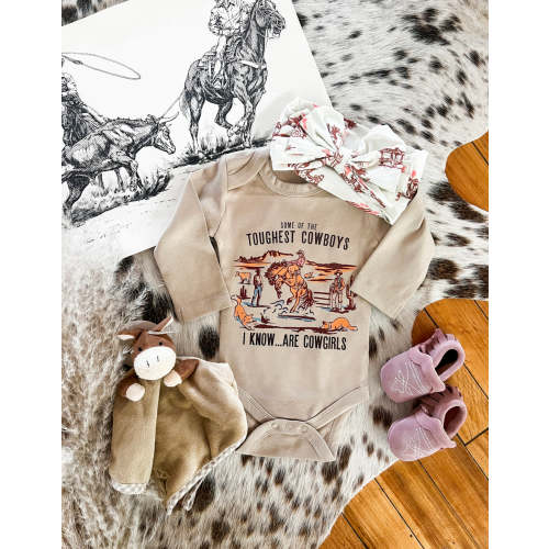 Toughest Cowgirl Longsleeve Onesie(little kid)(clay)