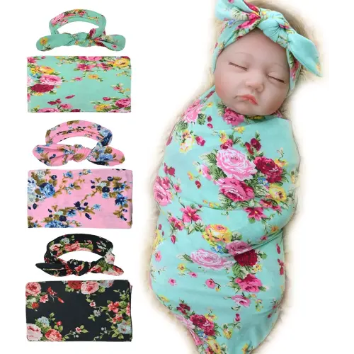 DRESHOW BQUBO 3 Sets Receiving Blanket with Headbands Newborn Baby Floral Printed Baby Shower Swaddle Gift