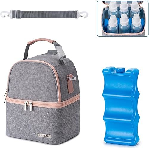 Breastmilk Cooler Bag with Ice Pack Fits 6 Baby Bottles up to 9 Ounce, Breast Milk Pump Cooler Bag with Shoulder Strap for Nursing Mom Daycare, Work, Travel- Grey