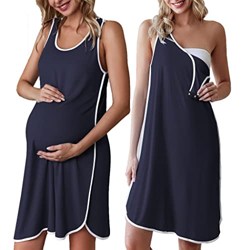 Ekouaer Labor and Delivery Gown for Hospital 3 in 1 Nursing Dress Sleeveless Maternity Snap Button Breastfeeding Nightgown