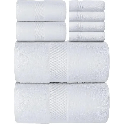 Luxury White Bath Towel Set of 8 Pieces - 100% Turkish Cotton Highly Absorbent Towels for Bathroom, 2 Luxury Bath Towels 700GSM, 2 Hand Towels, 4 Washcloths