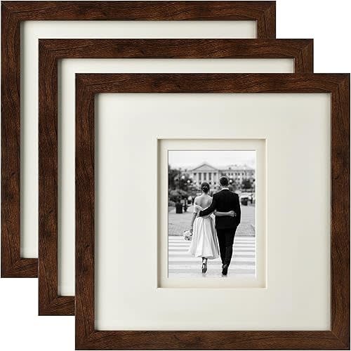 Yaetm 12x12 Square Picture Frame Matted to 5x7, Double Floating Ivory Mat, Brown Wood Grain Photo Frame with Polished HD Tempered Glass for Wall Gallery, Home and Office, Wall Mounting, 3 Pack