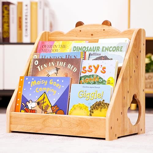 Montessori Bookshelf for Kids, Natural Wood Bookcase with Chalkboard & Storage, Kids Magazine Rack Book Display Organizer, Classroom Bookshelves Kids Furniture Birthday for Boys Girls 3+