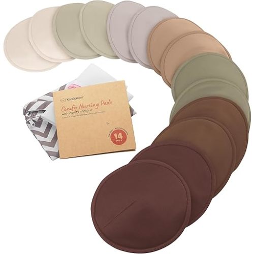 Organic Nursing Pads - 14 Washable Breast Pads for Breastfeeding, Wash Bag, Viscose Derived from Bamboo Reusable Nipple Covers for Breastfeeding Essentials, Soft & Absorbent (Sable, L 4.8")
