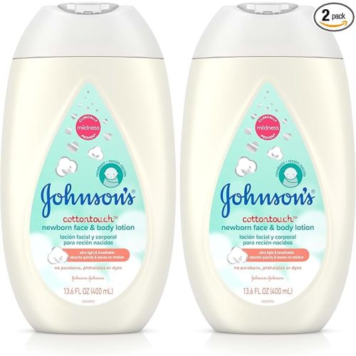 Johnson's CottonTouch Newborn Baby Face and Body Lotion, Hypoallergenic Moisturization for Baby's Skin, Made with Real Cotton, Paraben-Free, Dye-Free, 13.6 fl. oz (Pack of 2)