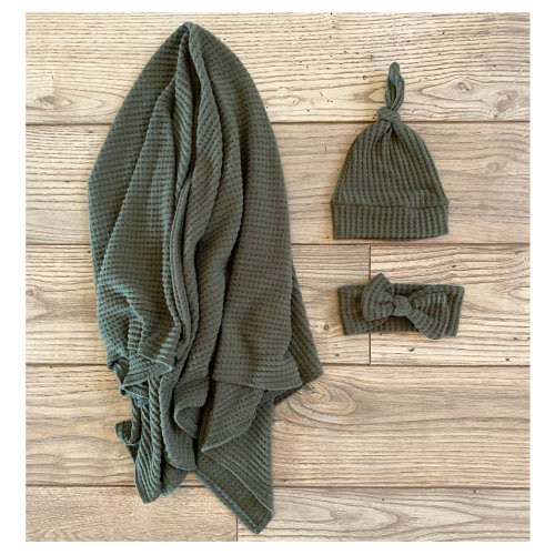 Baby blanket- Baby swaddle- Swaddle set- Unisex- Baby girl- Baby boy- Soft waffle knit blanket- soft baby blanket- Hospital set- green