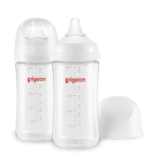 Pigeon Glass Nursing Baby Bottle Wide Neck (Pack of 2), Streamlined Body, Natural Feel, Easy to Clean, Heat-Resistant, 8.1 Oz (2L)
