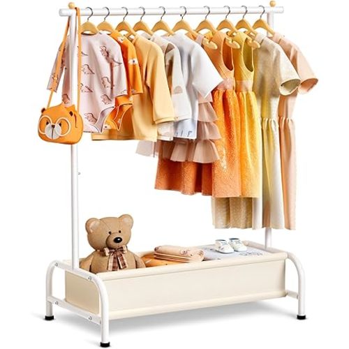MISSLO Kids Clothing Rack with Basket Small Dress Up Storage Short Toddler Dress Up Rack Kids Closet for Baby Clothes, White