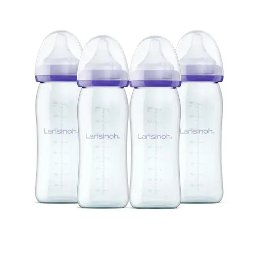 Lansinoh Anti-Colic Glass Baby Bottles for Breastfeeding Babies, 8 Ounces, 4 Count Bottles for Feeding, Baby Essentials, Includes 4 Medium Flow Nipples, Size M