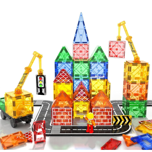MANGOBOB Magnetic Tiles Road Set with Magnet Crane Car Toys, 60 Pieces