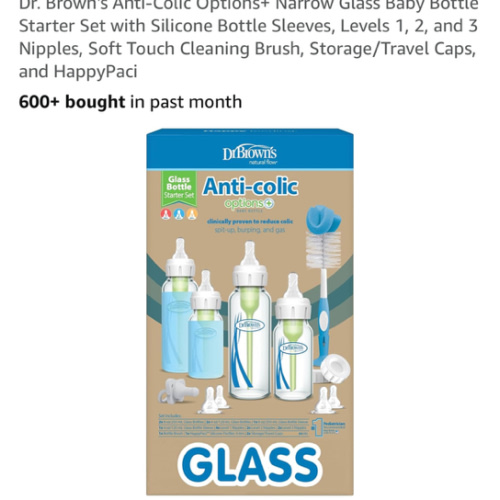 Dr. Brown's Anti-Colic Options+ Narrow Glass Baby Bottle Starter Set with Silicone Bottle Sleeves, Levels 1, 2, and 3 Nipples, Soft Touch Cleaning Brush, Storage/Travel Caps, and HappyPaci