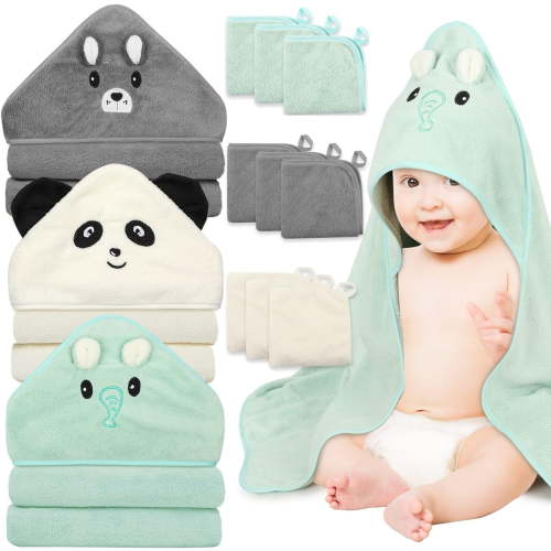 Baby Hooded Towels - 100% Muslin Cotton for Newborns,3 Animal Hooded Baby Towels & 9 Washcloths Set Infants, Toddlers Highly Absorbent and Essential for Newborn Care31 x 31Inch
