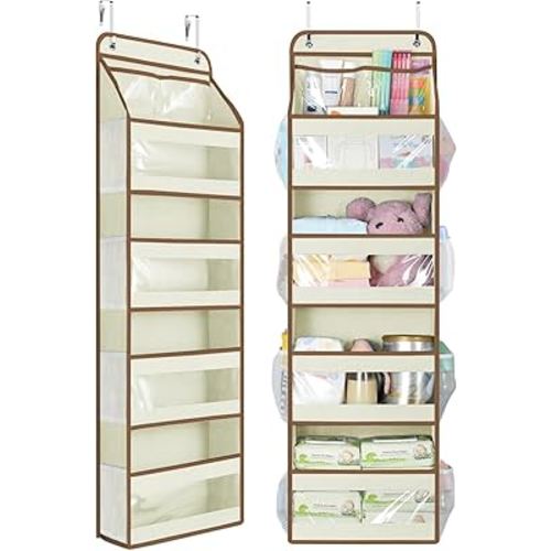 Yecaye 5 Tier 1Pc Over the Door Organizer, Swing-proof Door Organizer Hanging with Clear PVC Windows, Behind the Door Storage for Bedroom Nursery Closet Laundry Pantry Bathroom, Beige
