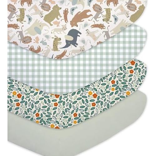 Little Grape Land 4PK Baby Crib Sheets for Boys Girls, Botanical Friends