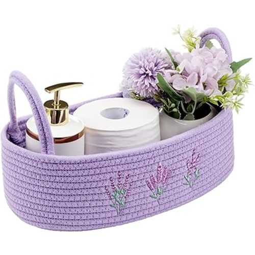 Vesici Storage Basket for Toilet Tank Top Lavender Purple Woven Cotton Rope Bathroom Countertop Toilet Paper Basket with Handle Boho Bathroom Decor for Organizer Nursery Toys 13 x 6 x 4 Inch