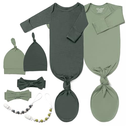 Noah Baby 2-Pack Luxurious Newborn Knotted Gown Set - Ultra-Soft Long Sleeve Gown for Baby with Hat, Headband & Pacifier Clip