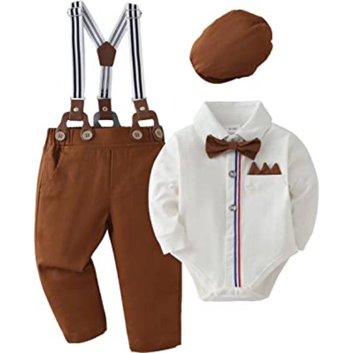nilikastta Baby Boy Clothes Gentleman Outfits Suits, Infant Long Sleeve Shirts + Suspender Pants + Bowtie + Beret Hat 0-18M