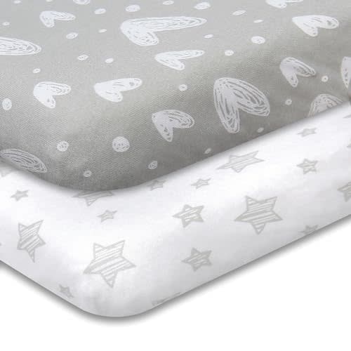 Biloban Crib Sheets Fitted, 2 Pack Crib Sheet Fits for Standard Crib and Toddler Mattress, 100% Jersey Knit Cotton Crib Sheet for Baby Boys & Girl, Star and Heart Print