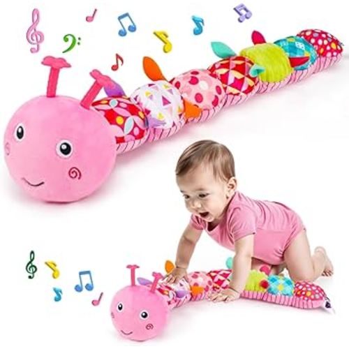 Baby Tummy Time Toy 0-6 Month Musical Stuffed Animal Plush Caterpillar Toy for Infant 6-12 Month Teething Sensory Toy with Crinkle Rattle for Babies 0-3-6 Month Newborn Toys for Boy Girl Birthday Gift