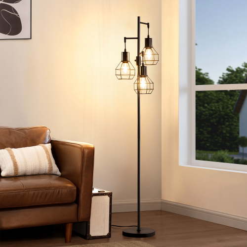 EDISHINE 65IN Farmhouse Industrial Black Floor Lamps for Living Room, Dimmable, Metal Standing Tree Lamp for Bedroom, Office, Home Decor, Lighting, 3 LED Bulb Included