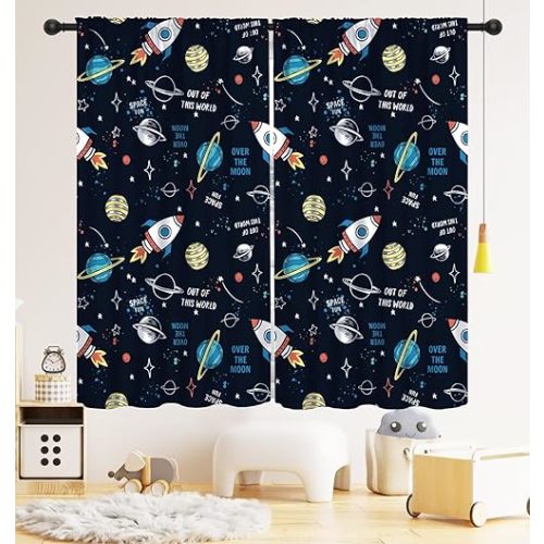 LOMADIA Space Kids Curtain,Cartoon Child Spaceman Planet Theme Blackout Curtain, Solar System Astronaut Window Treatments Drapes for Nursery Boys Girls Room Bedroom Decor 42" W x 45" L