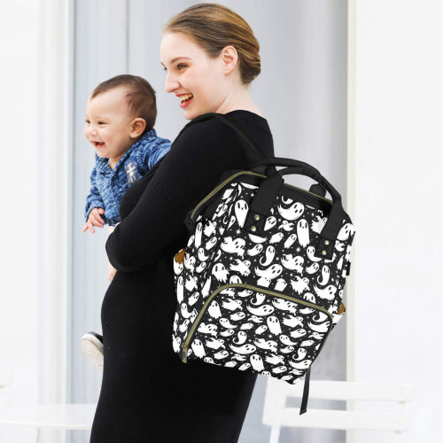 Cute Kawaii Ghosts Spooky Black White Diaper Bag Backpack, Spooky Halloween Diaper Bag Backpack, Cute Halloween Ghost Travel Diaper Backpack